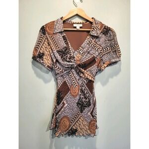 Y2K DressBarn Brown Babydoll Tie Waist Short Sleeve Top Sz XL